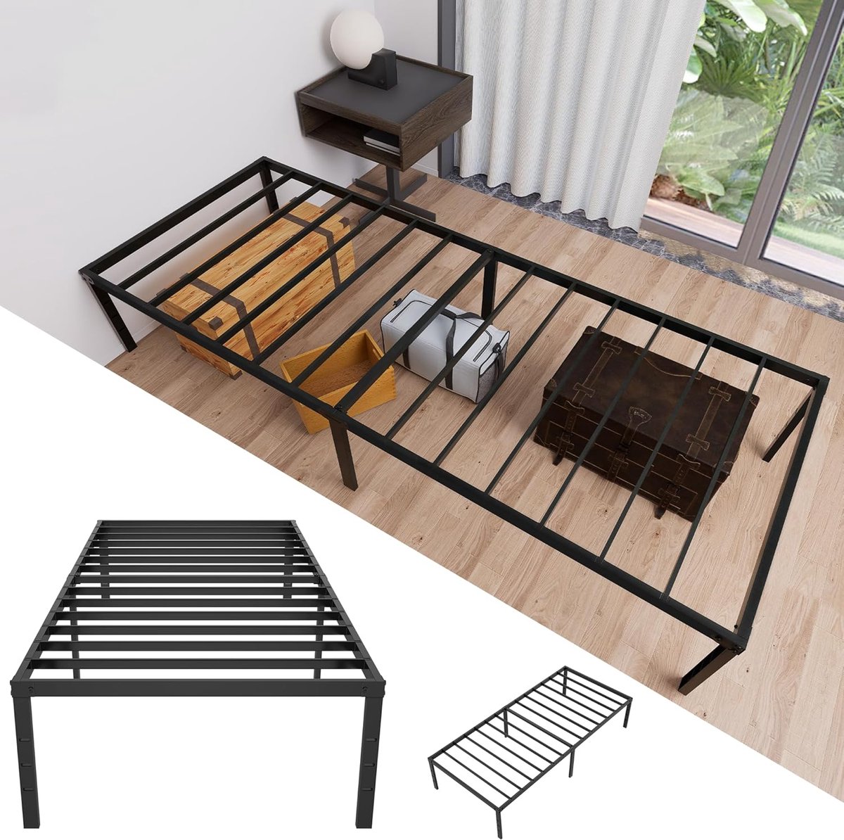 Bedframe Metalen bed met lattenbodem, metalen bedgestell, eenpersoonsbed 90x200cm Slaapkamerbed met opbergruimte onder het bed