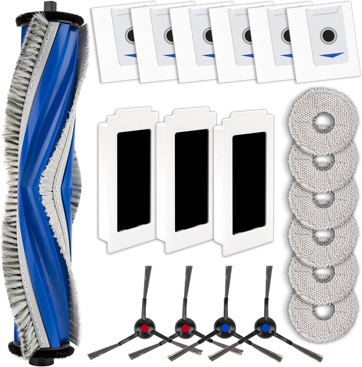 (20 Stuks) M12 Pro+ Vervangende Onderdelen Compatibel met ECOVACS DEEBOT T30 Omni/ T30 Pro Omni/Yeedi M12 Pro+ Robotstofzuiger, 1 Rolborstel, 4 Zijborstels, 3 HEPA-filters, 6 Stofzakken, 6 Dweilpads