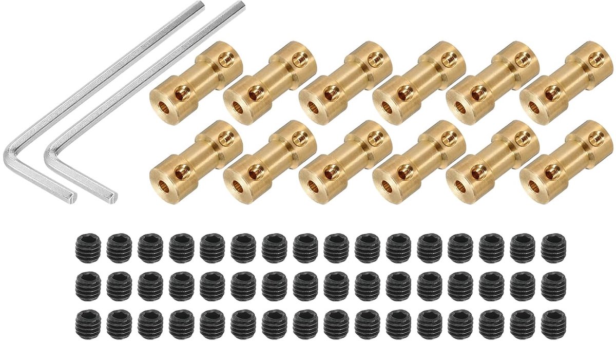 3 mm op 3,17 mm boring, stijve koppeling 20 mm lengte 9 mm diameter M3-aansluiting messing as voor 3D-printer kopertint met 12 stuks koppeling, 48 stuks schroeven, 2 stuks sleutels