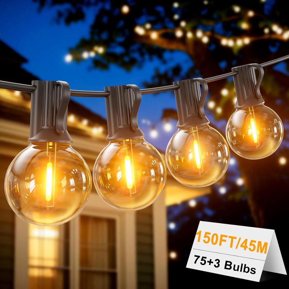 Lichtsnoer voor buiten 45M/150FT met 75+3 G40 LED-lampen, 2700K Warm Wit, IP45 Waterdicht - Voor in de Tuin, op het Terras en bij Feesten