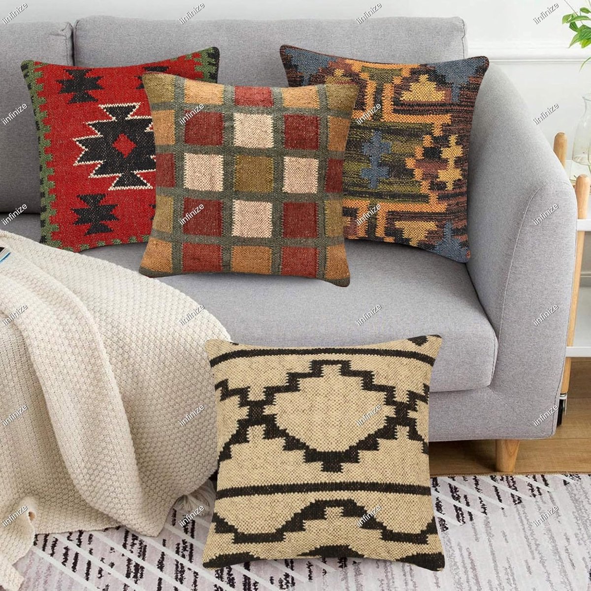 Kussenhoezen 45x45 cm - Wol-Jute - Handgeweven kilim patroon - Decoratief voor binnen en buiten - SnelShoppen