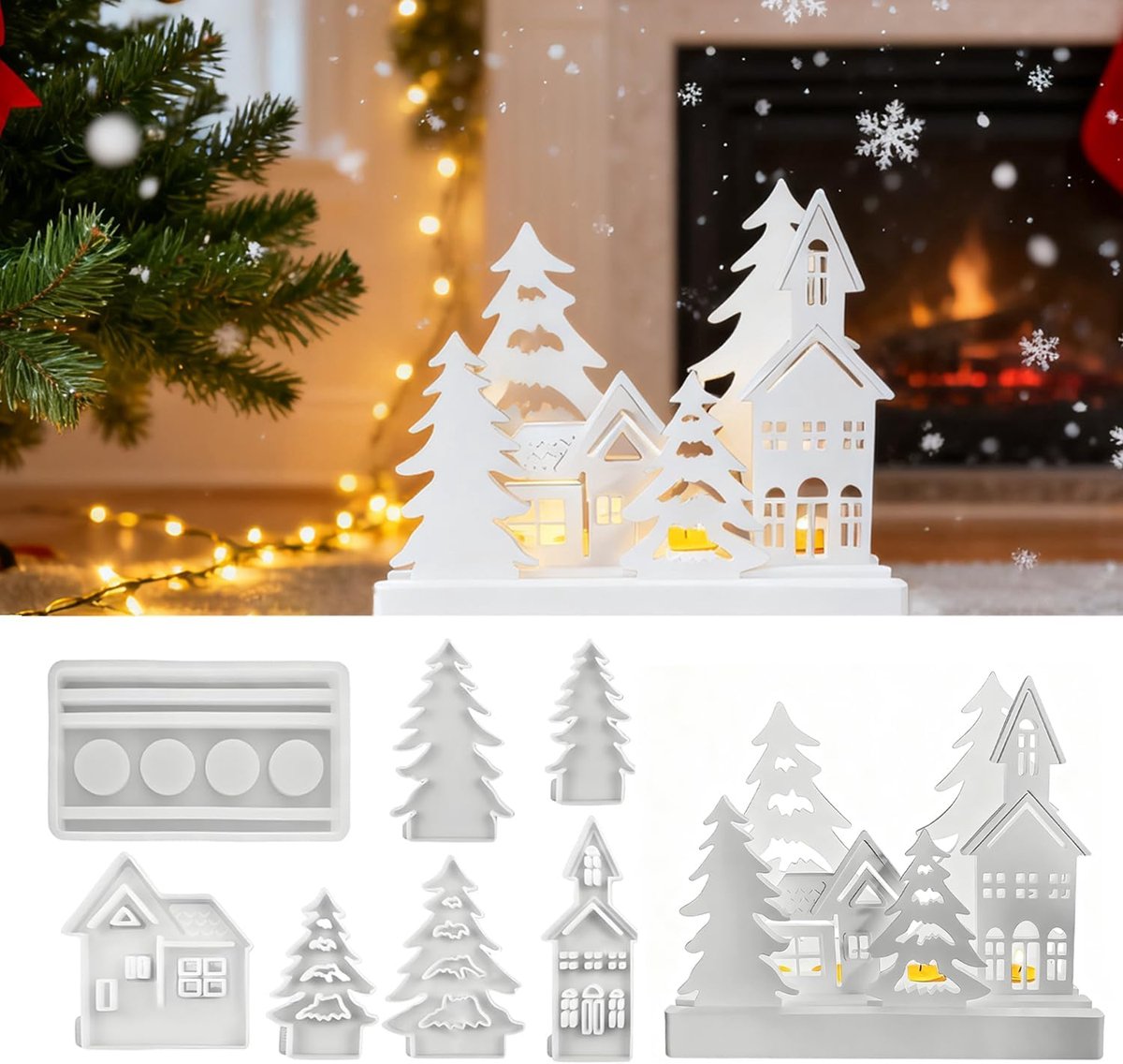 Siliconen gietvormen voor Kerstmis, 7 stuks gietvormen, siliconen (dennenbomen, blokhuizen) voor gips zeep, doe-het-zelf kerstdecoratie