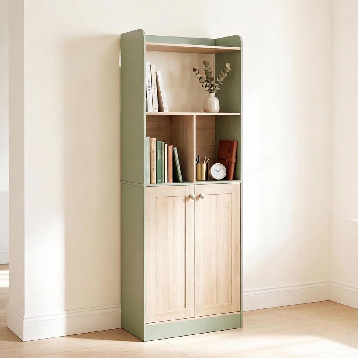 OKWISH Boekenkast – Hoge Displaykast Met Open Vakken En Dichte Onderkast – Modern Opbergmeubel – Groen En Hout – 60 X 30 X 161,2 Cm