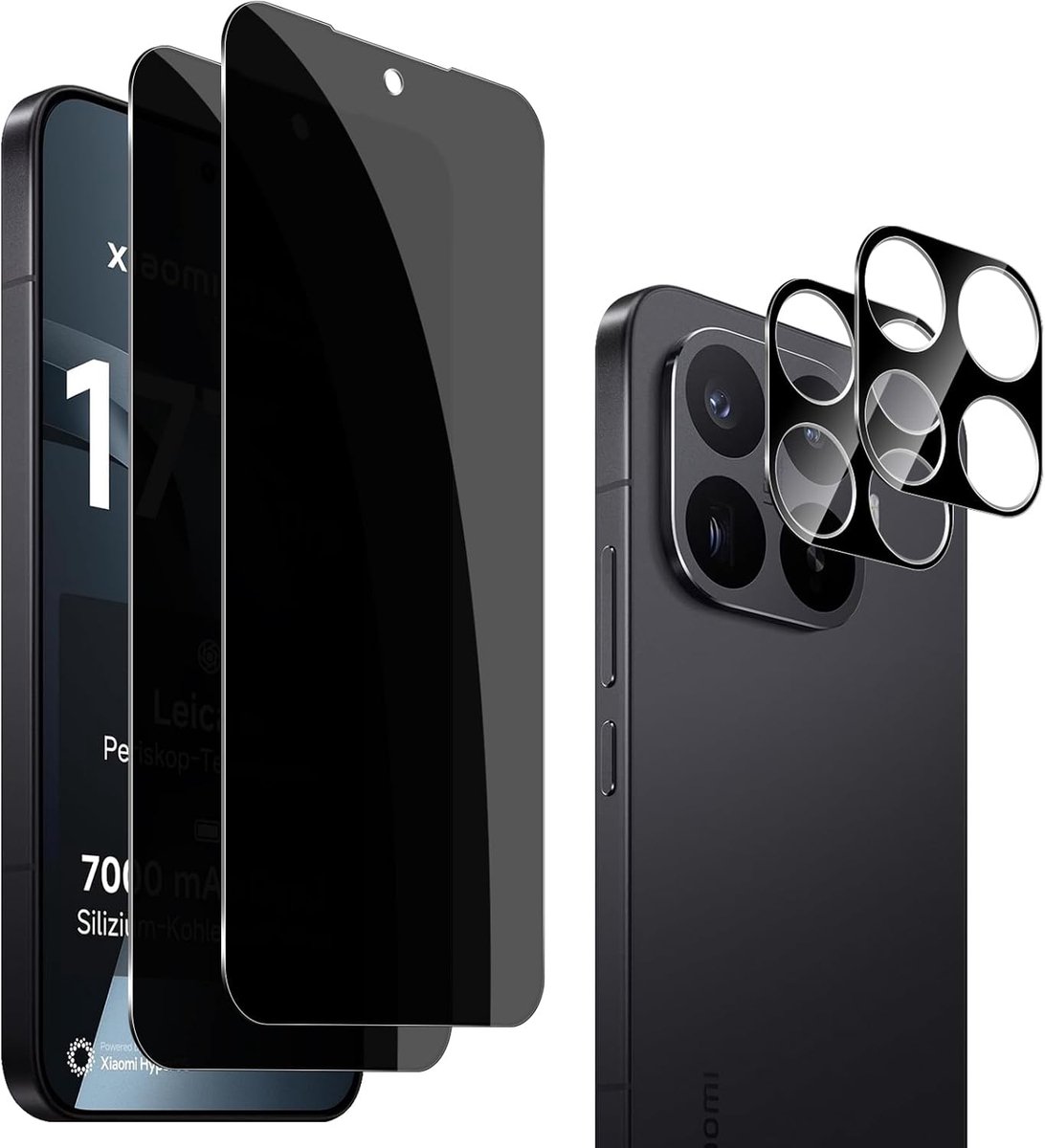 QULLOO 2 + 2 stuks anti-spionagebescherming van gehard glas voor Xiaomi 17T Pro + cameralensbeschermer achter, 9H - ShopVlot