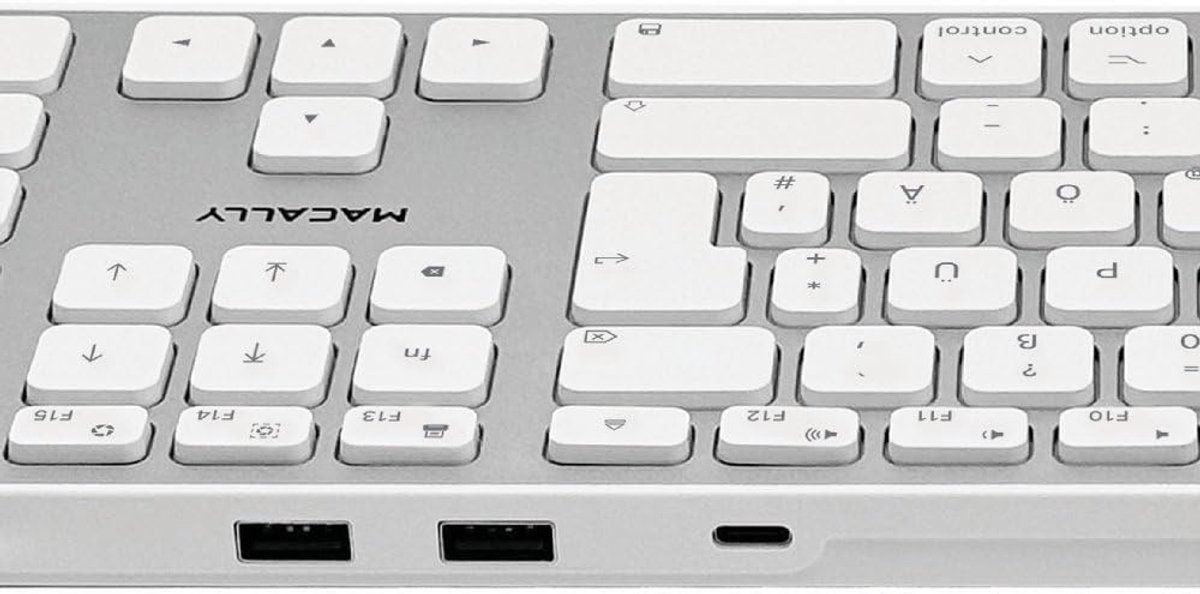 Macally UCZKEYHUBW Flat Extended Mac Keyboard, 22 mm Thin, USB-C Hub with 2 x USB-A and 1 x USB-C, 16 Hotkeys, Numeric - ShopVlot