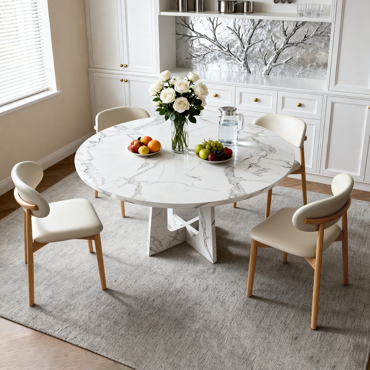 Ronde Eettafelset 120 Cm Met 4 Stoelen Wit Marmerlook Mdf Eiken Poten Modern Voor Eetkamer, Woonkamer En Home Office