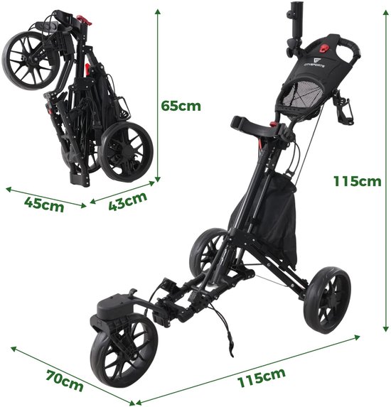 Emvae Golftrolley - Golfkar - Opvouwbaar - 3 Wielen - Voetrem - Rubberen Banden - Aluminium - 162 x 67 x 113 cm - 8 kg - Zwart — afbeelding 5