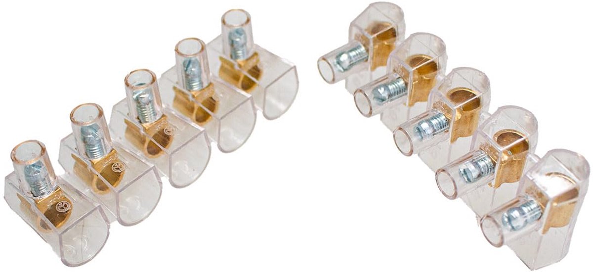 Eenpolige klemmen, 2 stangen à 5 stuks, transparant, geïsoleerd voor elektrische kabels (doorsnede 10 mm²)