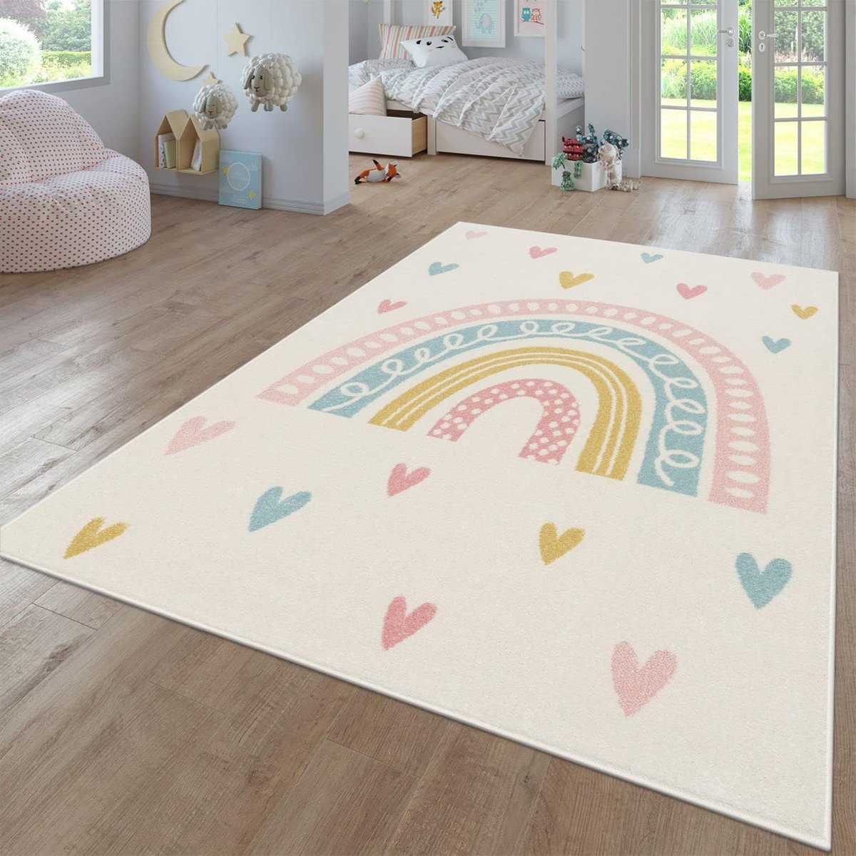 Home Tapijt Voor Kinderen Vloerkleed Kinderkamer Modern Regenboog Wolken Dierlijk motief Veelkleurig, Kleur:Crème4, Maat:80x150 cm