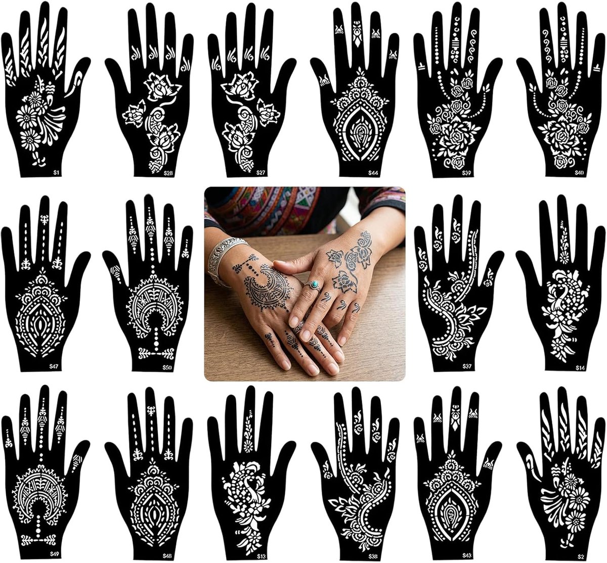 16 stuks henna-sjablonen, henna tattooset, verschillende stijlen, mooie patronen, creatief doe-het-zelf, voor rug en vingers