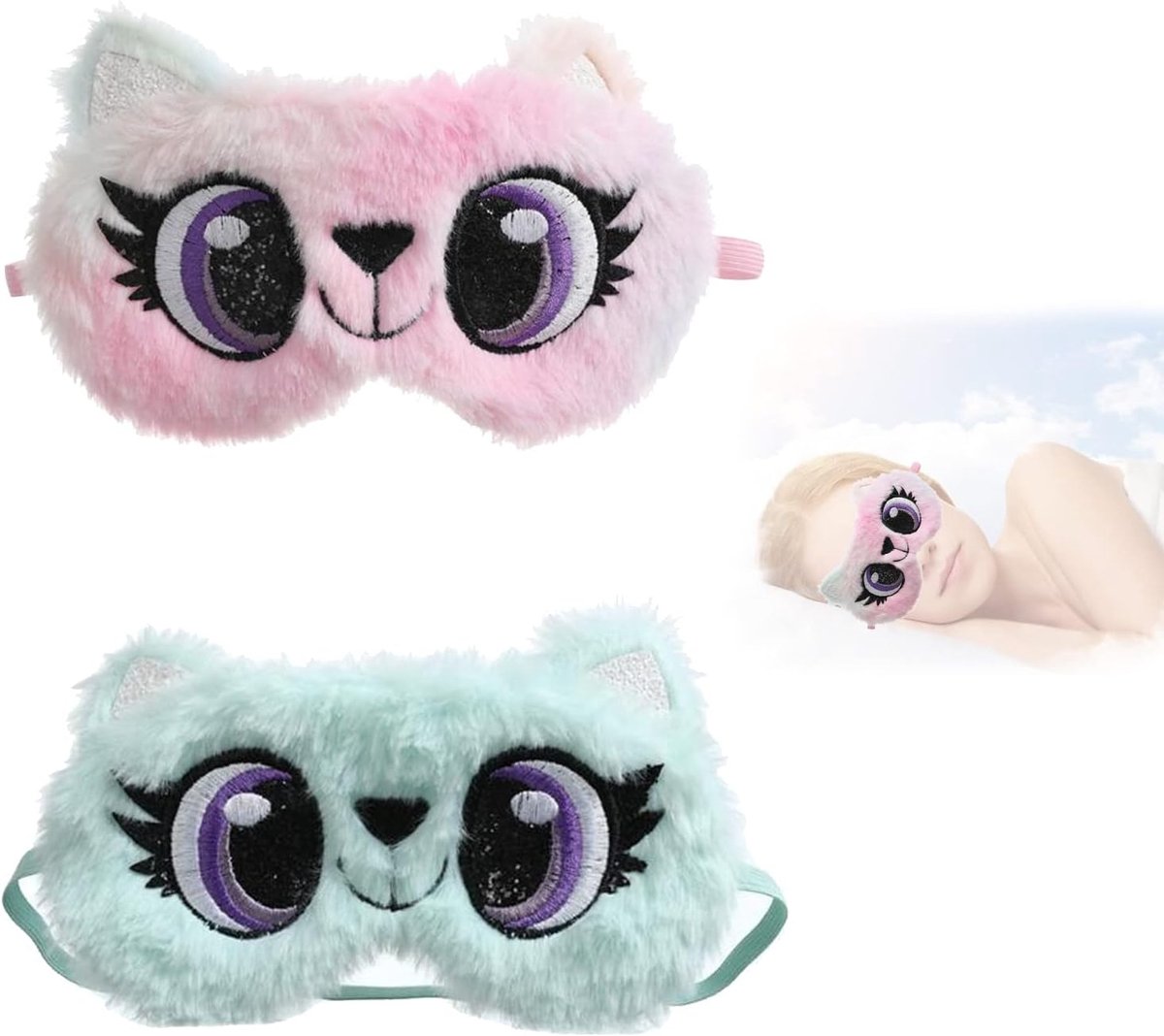 2 stuks slaapmasker, slaapmasker voor reizen, slaapbril met cartoon, zacht oogmasker voor volwassenen en kinderen, wollig, slaapbescherming, 3D schattige blinddoek, slaapmasker voor reizen en