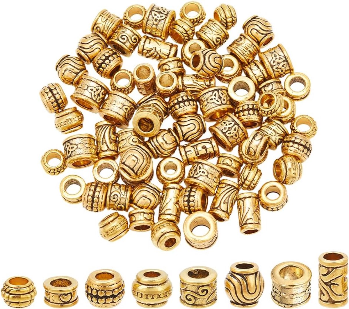 80 stuks Tibetaanse afstandhouders - 8 stijlen afstandskralen legering grote gaten Europese voor armband ketting sieraden, antiek goud, gat: 5,5-6 mm