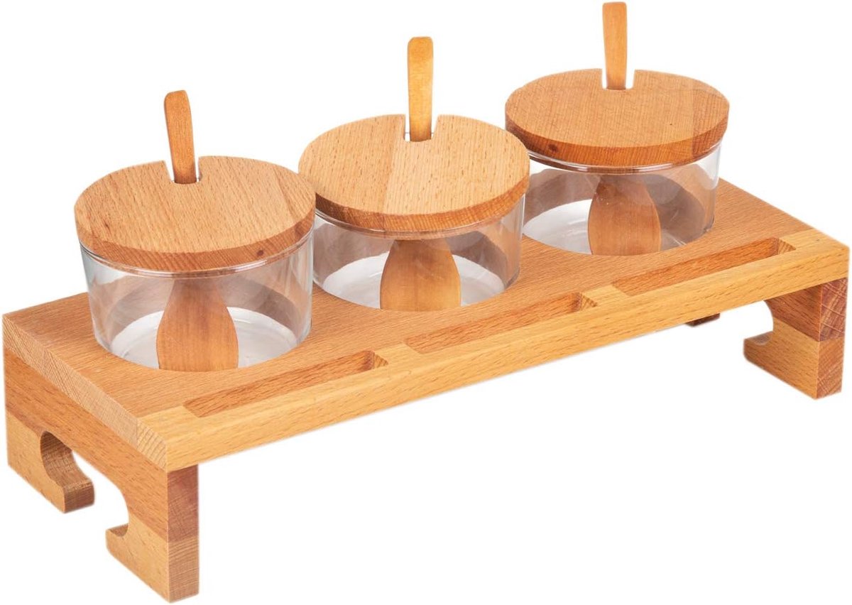 kruidenbakjes set van 3 - 118 x 292 x 105 mm - glas met houten deksels - luchtdichte afsluiting voor verse kruiden - SnelShoppen