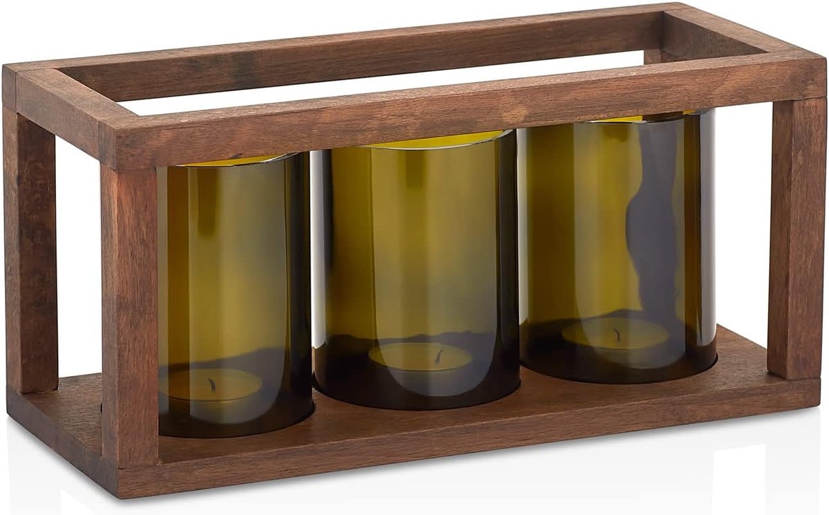 kaarsenhouder op houten platform - set van 3 - gerecycled wijnflessen - duurzaam Turks hout - stijlvol decoratief - SnelShoppen