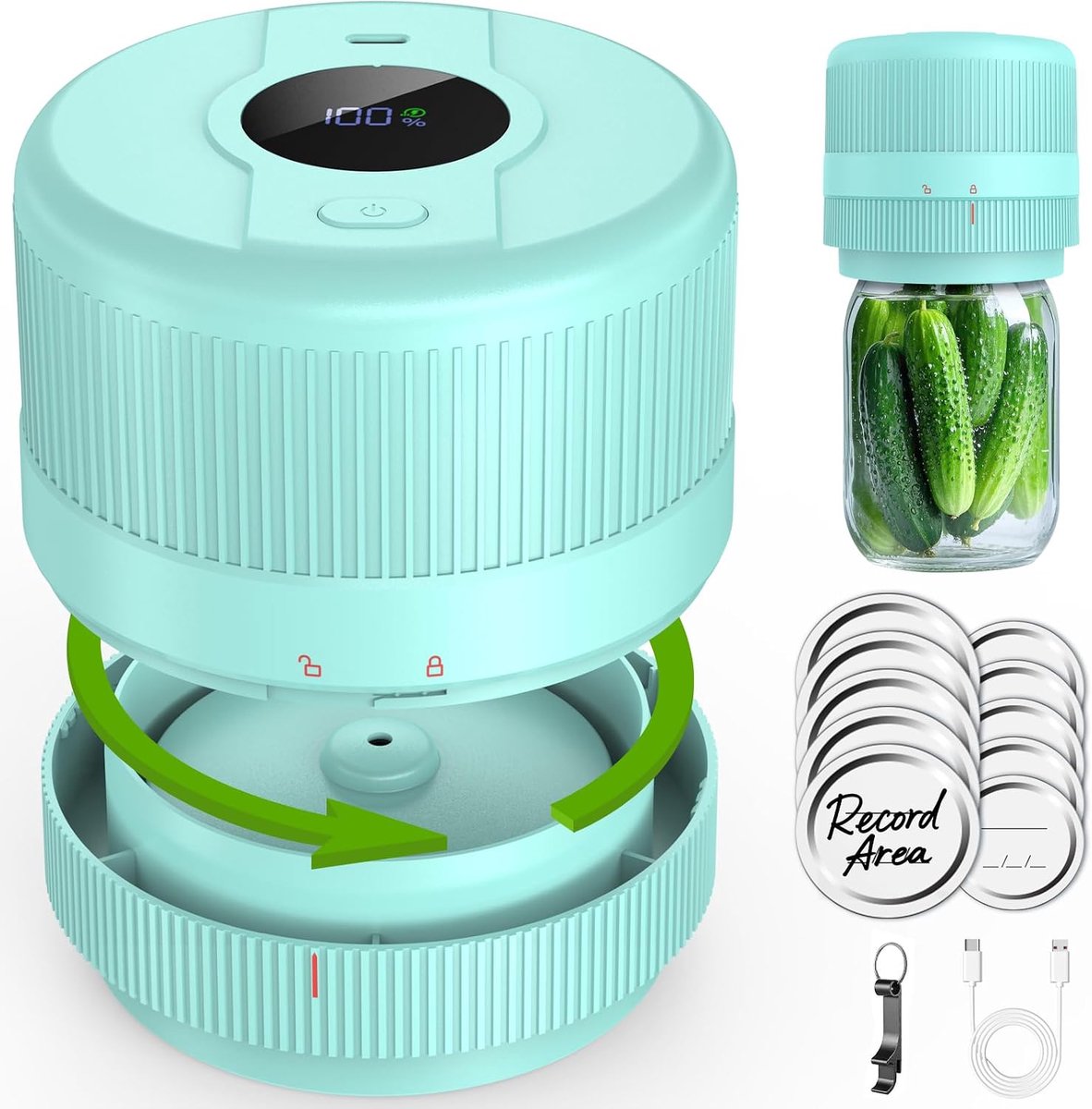 Vacumeerset voor Weckpotten, Elektrische Vacumeermachine voor Weckpotten met Brede en Smalle Opening, Draagbare Vacumeerder voor Glazen Potten, Cadeau voor Haar, Moeder en Oma, Groen