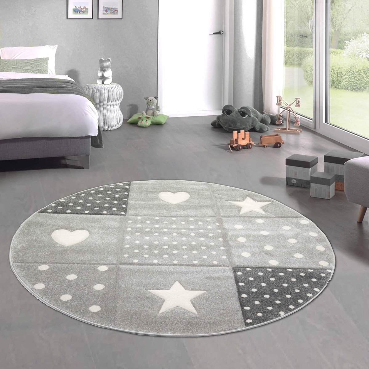 Kindertapijt kinderkamer spel tapijt stippen hart ster design crème zwart grijs afmeting 160 cm rond