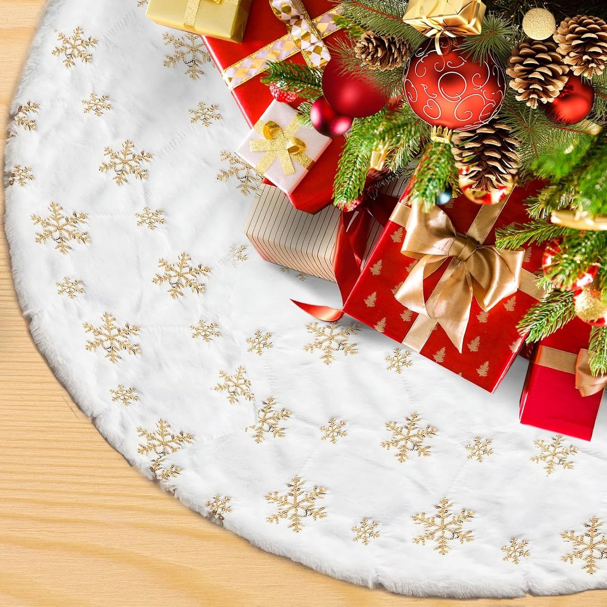 onder de kerstboom, 90 cm, zacht kerstboomtapijt, mooie kerstboomrok, wit kerstboomtapijt, kerstdecoratie, Nieuwjaar, goud
