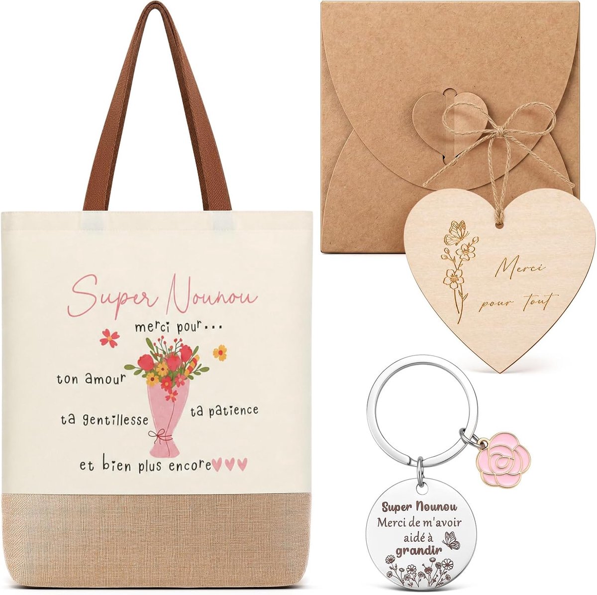 4 Delige Set Cadeaus Voor de Nanny Met Draagtas Bedanksleutelhangertje Hartvormig Houten Plaatje Envelop Gepersonaliseerd Bedankcadeau voor de Nanny Einde Contract Verjaardag Afscheid