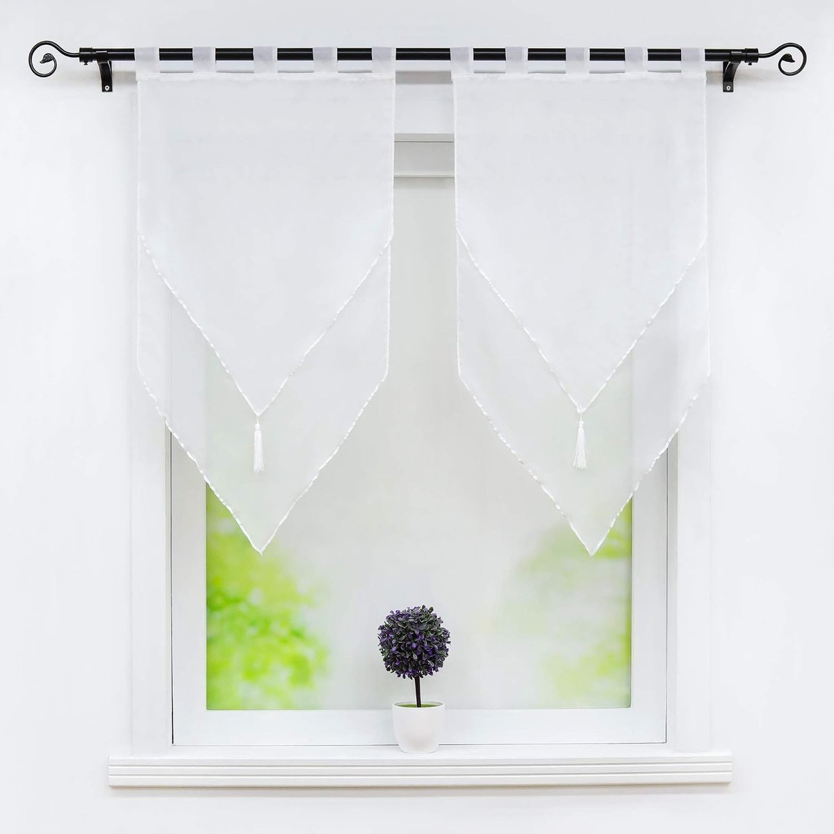 Lydia Set van 2 Dubbellaags Transparante Polyester Schuifgordijnen met Franje met Pompon Raamdecoratie voor Keuken Woonkamer Wit/Wit LxH 60 x 120 cm