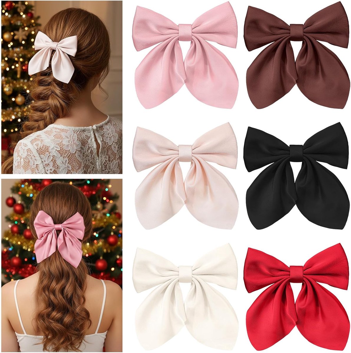 Set van 6 middelgrote satijnen strikjes voor in het haar, effen haarstrikjes voor dames, haarclips, strikjes, Franse haarspelden, clips voor vrouwen en meisjes