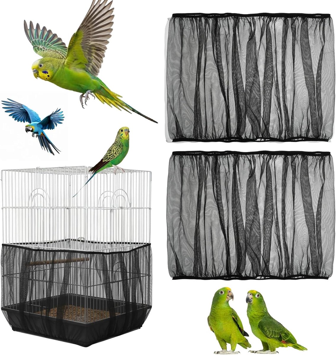 2 stuks vogelkooi bescherming, verstelbaar vogelkooi net, zaadopvangbak voor ronde en grote, zwart nylon net voor papegaaien, wolkenkrabbers, nimfparkieten en meer