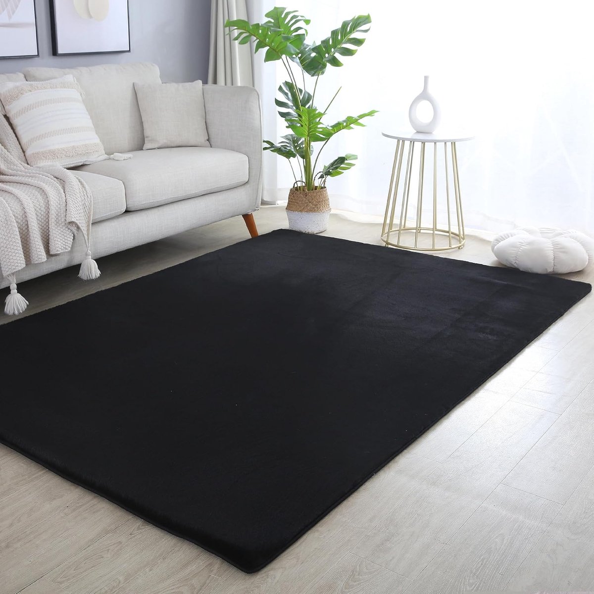 Woonkamer Effen nepbont Pluizig Zacht Knus Pasteltinten, Kleur: Zwart, Maat: 60 x 110 cm