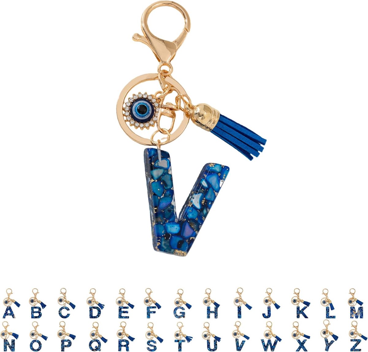 Sleutelhanger met letter voor meisjes, sleutelring met initialen, blauw boze oog, kleine cadeautjes voor vrouwen