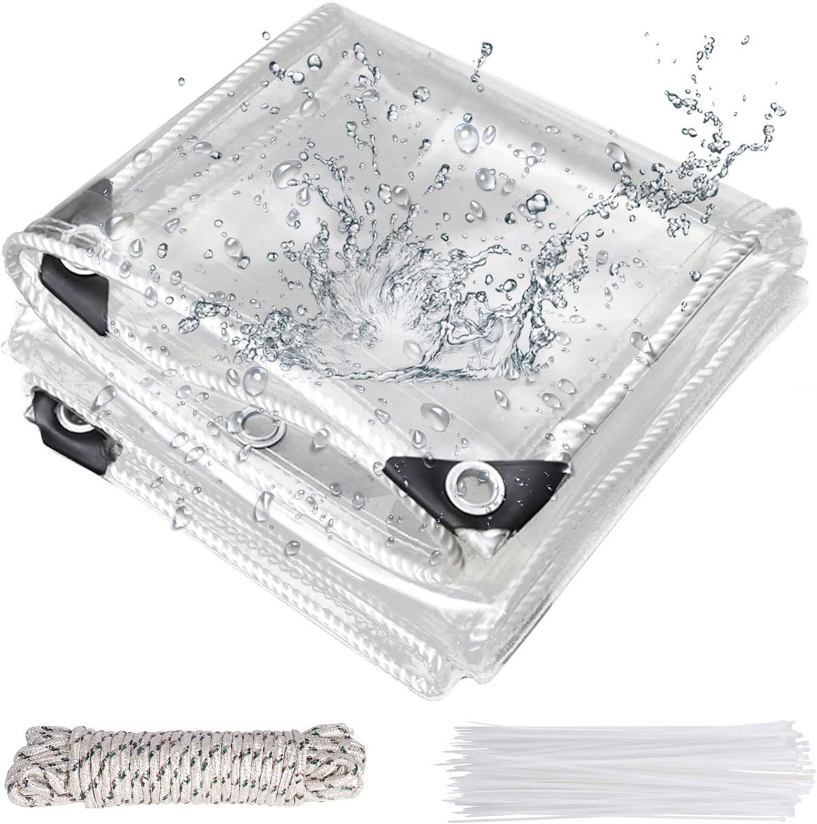 Transparant zeildoek, 250 g/m² Pvc doorzichtig dekzeil, waterdicht, zwaar belastbaar, doorzichtig pvc-zeil met oogjes, tuinhuisje, zijpanelen, scheurend met kabelbinders, banden (2 × 2,5 m)
