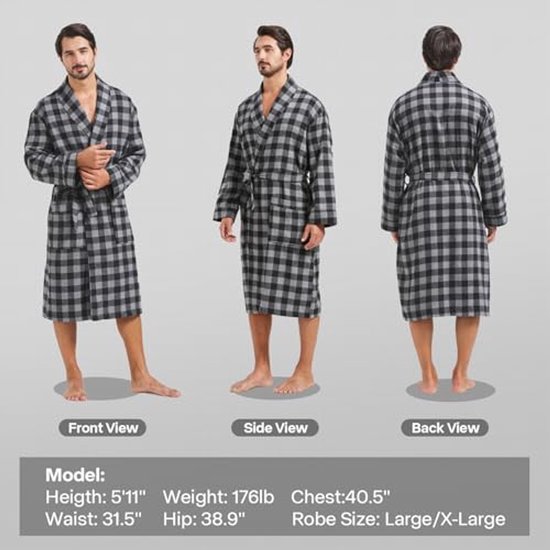 Heren Buffalo Plaid Katoenen Gewaad Lichtgewicht Badjas Sjaal Kraag Kimono Nachtkleding Loungewear Huisgewaden — afbeelding 5