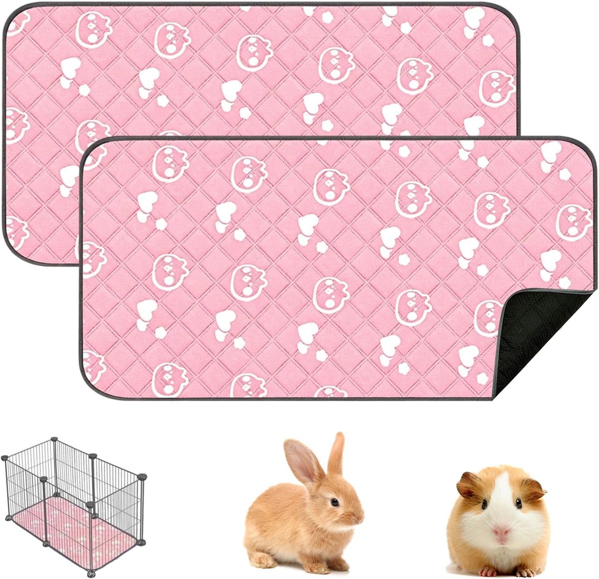 2 stuks cavia-onderleggers, 60 x 120 cm, puppyonderleggers, wasbaar, PIPI pads, konijnen, herbruikbare matten voor kleine dieren, katten, hamsters, puppy's (roze)