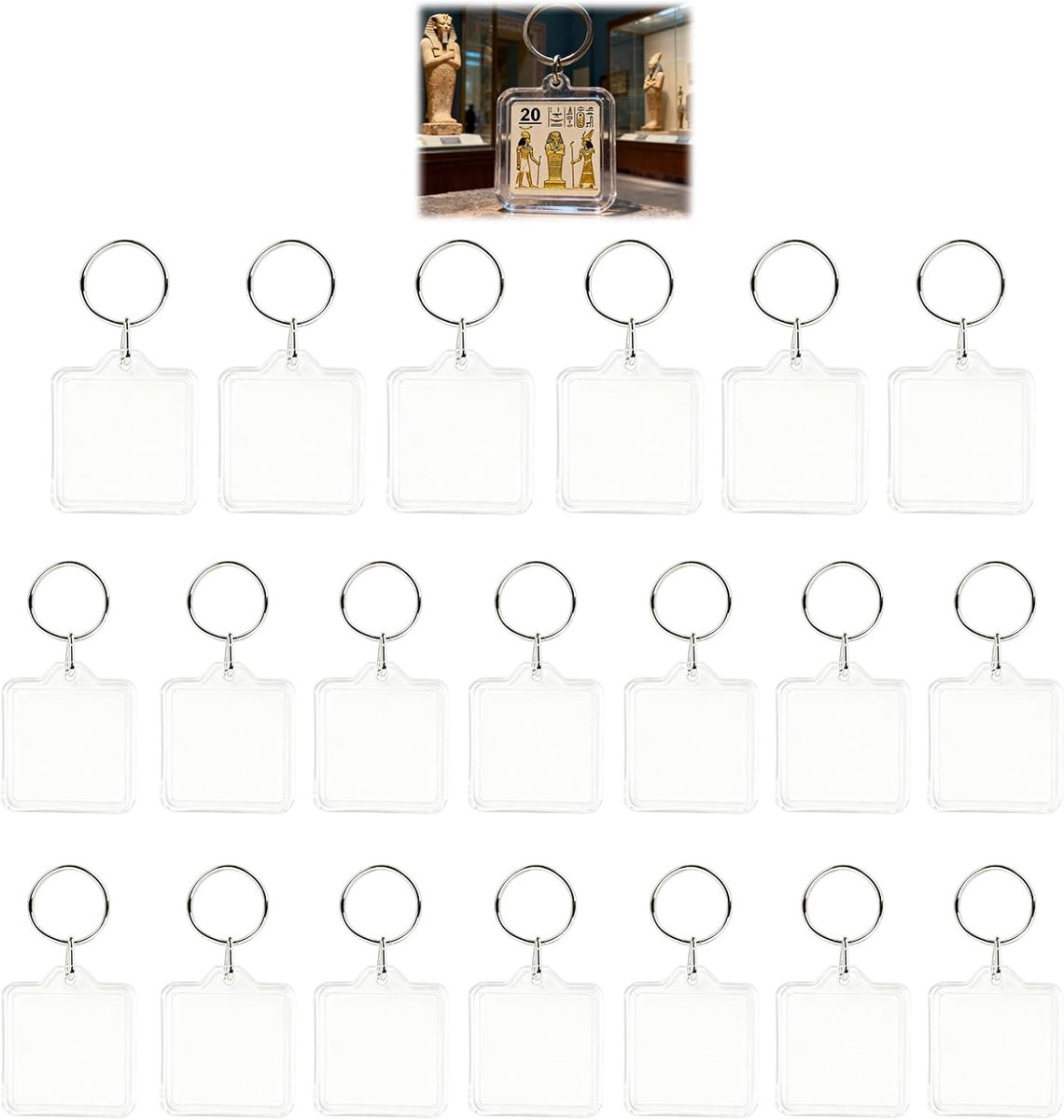Set van 20 fotosleutelhangers van transparant acryl, personaliseerbaar, 4 x 4 cm, perfect voor knutselen en geschenken voor familie en vrienden, personaliseerbare sleutelhanger