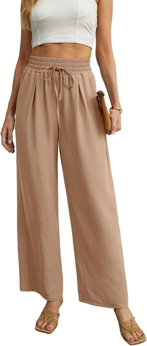 Dames Zomer Wijde Pijpen Broek - Elastische Hoge Taille Casual Losse Broek Met Zakken en Trekkoord Voor Vrouwen UK - Werk Trainingspak Yoga Gym Running
