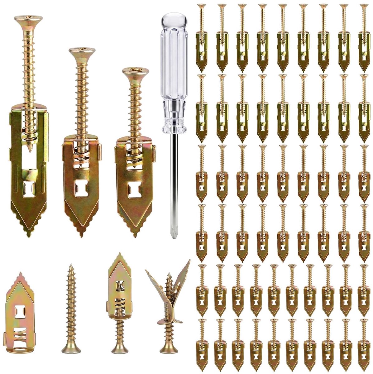 60 stuks gipsplaatpluggen set met schroeven en schroevendraaier, zelfborende gipsplaatpluggen voor gipsplaat, gipsplaatpluggen, metalen holle pluggen set voor spiegels, foto's, planken
