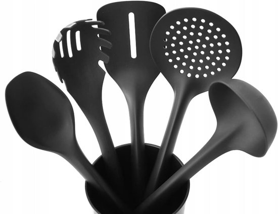 Keukenhulpset van nylon, keukengerei, kookgerei, kookset, spatel, pannenkoeken, spatel, lepel, scheplepel, vork, pasta, lepel, houder, zwart, 5 delen — afbeelding 3