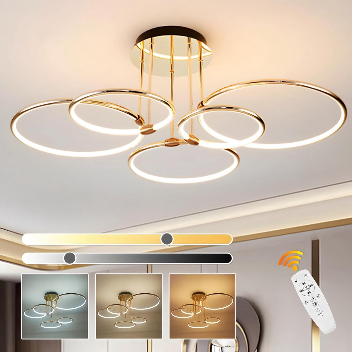 5 Ronde Ringen Gouden Led-Plafondlamp, Ø93cm | 108W Kroonluchter Met Traploos Dimbaar, Creatieve Metalen Gegalvaniseerde Hanglamp, Moderne Lamp Voor Slaapkamer Woonkamer Kinderen Kantoor Studeerkamer