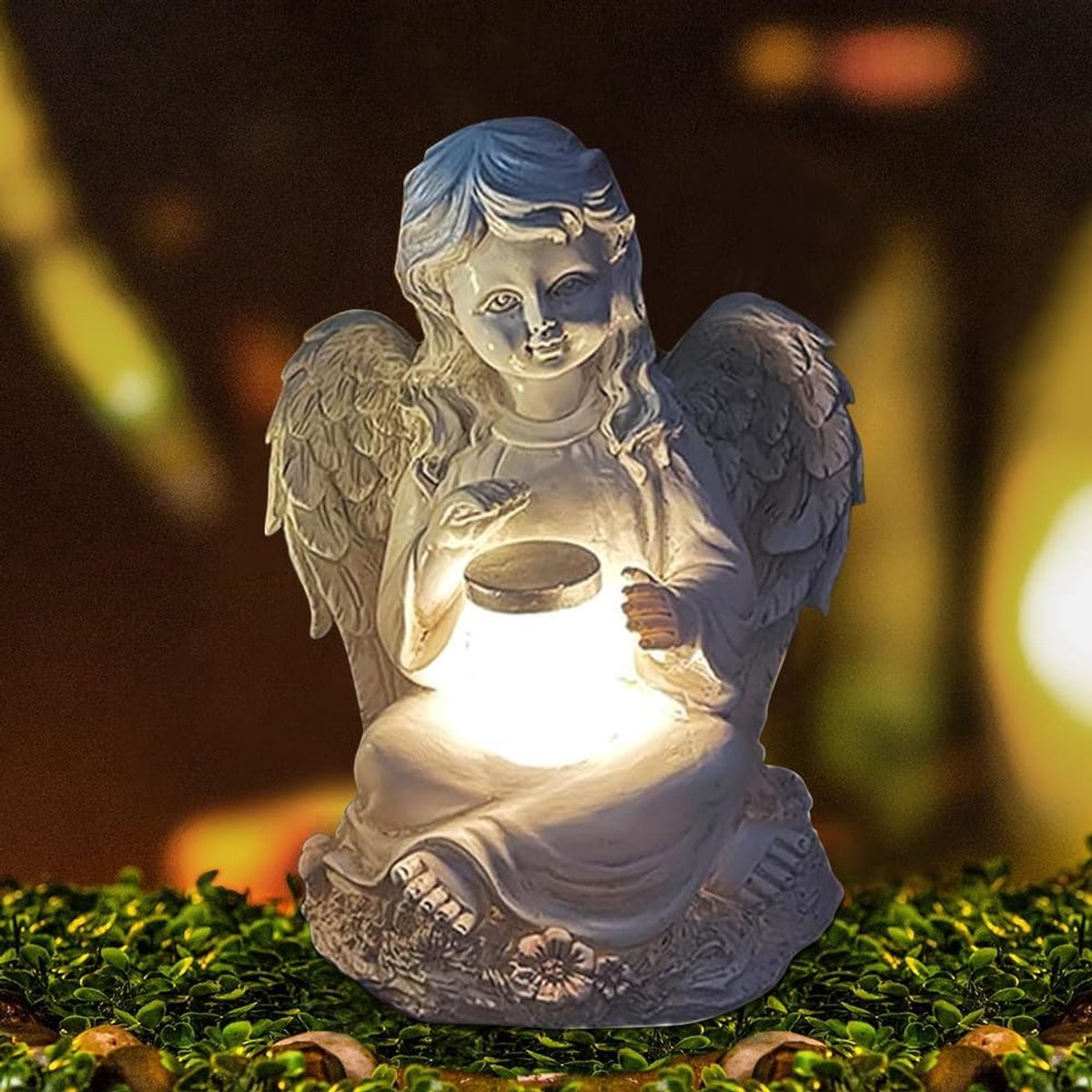 Engel tuinfiguren, graaflichten op zonne-energie voor buiten, tuindecoratie ornament, zittende elfen tuinfiguren, tuinbeeld, hars elfen sculptuur met vleugels