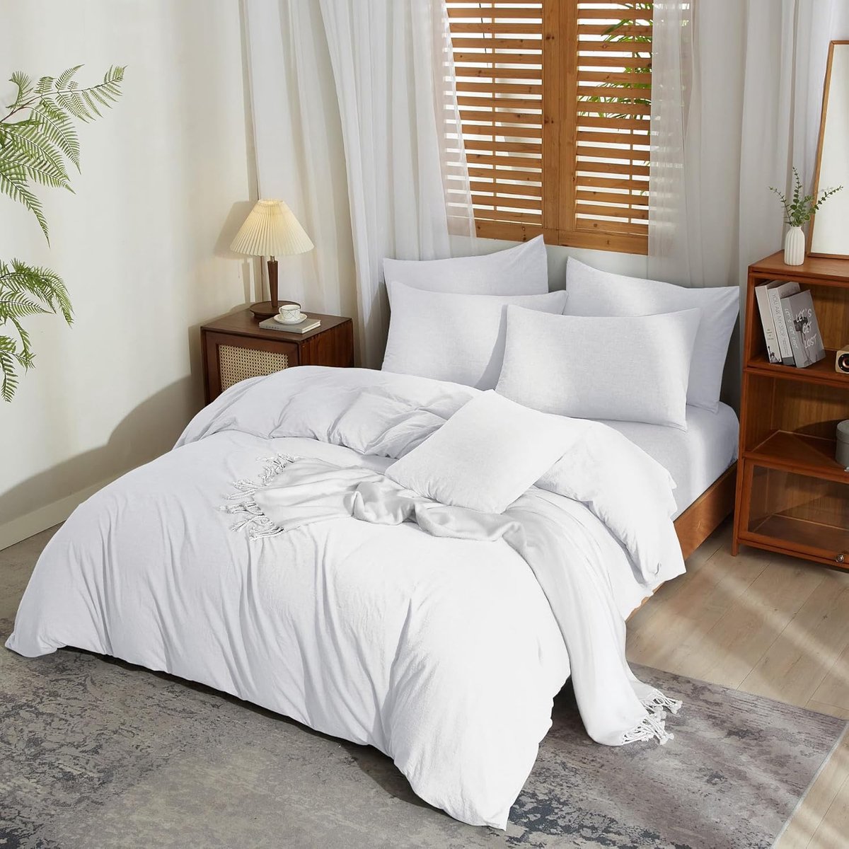 beddengoed, 200 x 200 cm, wit linnen en katoen, zacht, ademend, behaaglijk, modern, linnen dekbedovertrekset, 3-delig met ritssluiting en 2 kussenslopen 80 x 80 cm