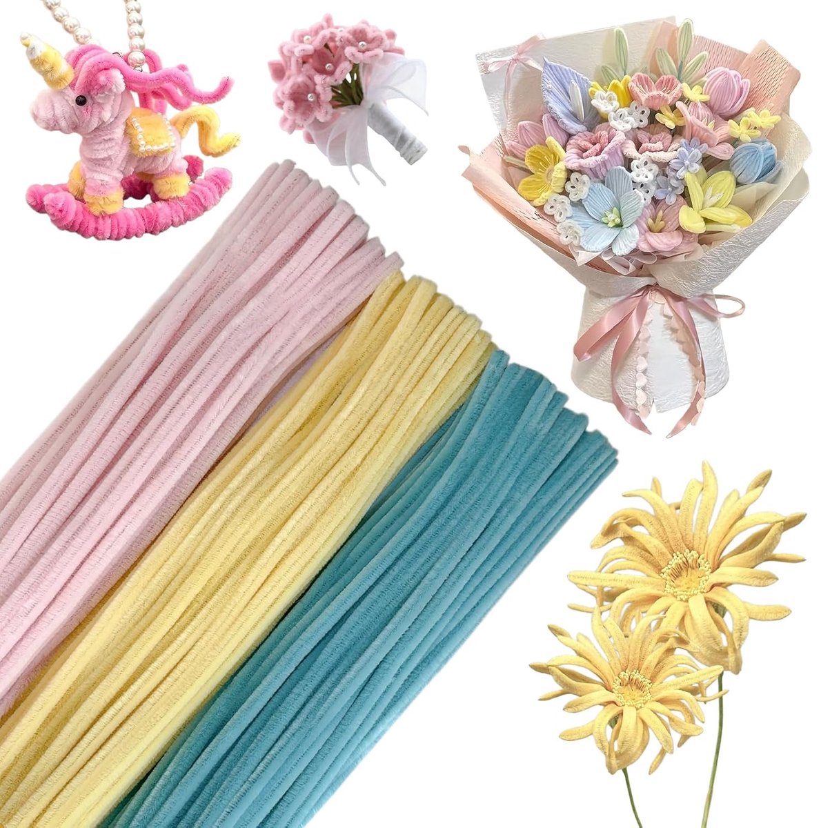 300 stuks, 3 kleuren, roze, blauw, geel, pijpenreiniger voor knutselen, pastel, 30 cm, Pipe Cleaner, pijpenreiniger voor knutselen, chenilledraad voor creatieve DIY-projecten