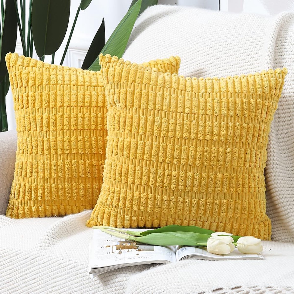 Set van 2 Boho Gestreepte Corduroy Kussenslopen Zacht Decoratief Kussenhoesje voor Bank Slaapkamer Kussenomslag 40x40 cm Geel