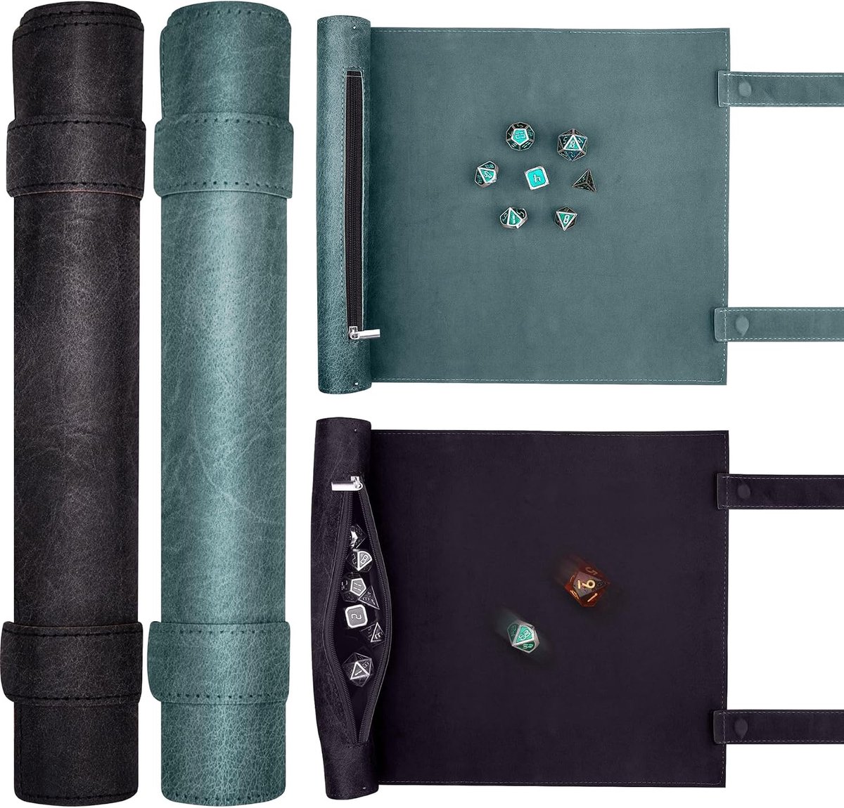 Dobbelbakmat, 2 stuks, in rolstijl, dobbelsteenmat, rollade, dobbelstenen schaal om te rollen, dobbelstenen plateau en dobbelzak met dobbelopslag, dobbelplaat, DND, RPG, cyaan, zwart