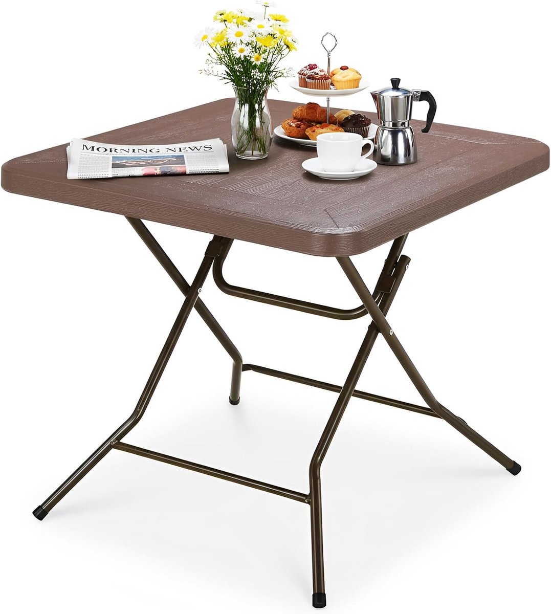 Tuintafel in houtlook, vierkant, inklapbaar, HBT: 74 x 80 x 80 cm, balkontafel met stalen frame, zeer stabiele campingtafel, weerbestendig, onderhoudsvriendelijk, voor balkon, tuin en terras