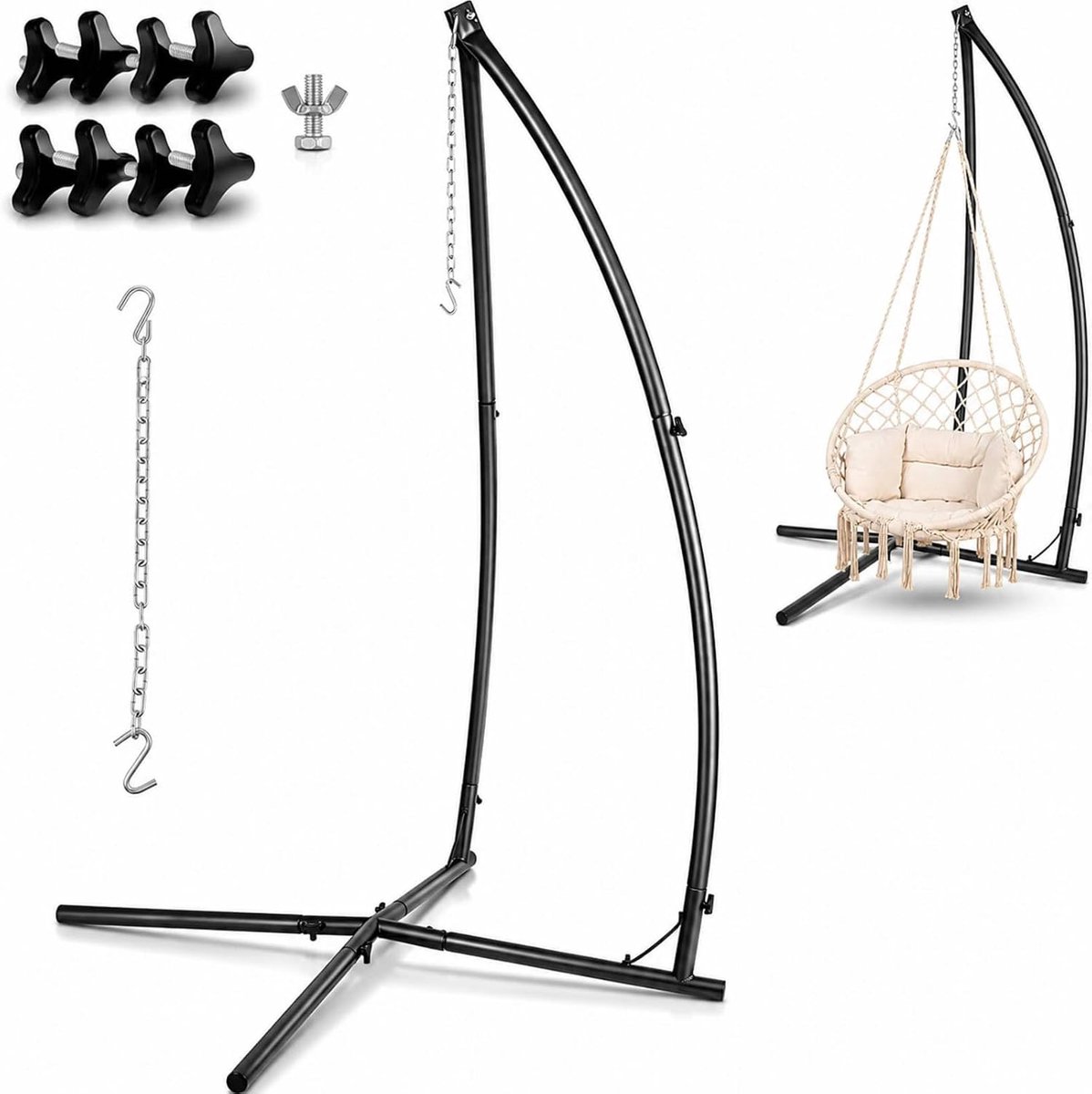 Hangstoelframe met haken, in hoogte verstelbaar, hangstoelframe, maximale belasting 110 kg, hangstoelstandaard voor alle soorten stoelen, frame hangstoel voor balkon, terras, tuin