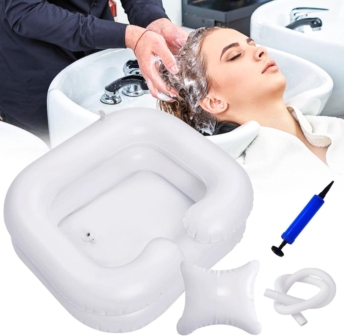 Mobiele haarwasbak met 1m afvoerslang - Opblaasbaar met kussen - Ideaal voor bed en zorgbehoevenden - ShopVlot