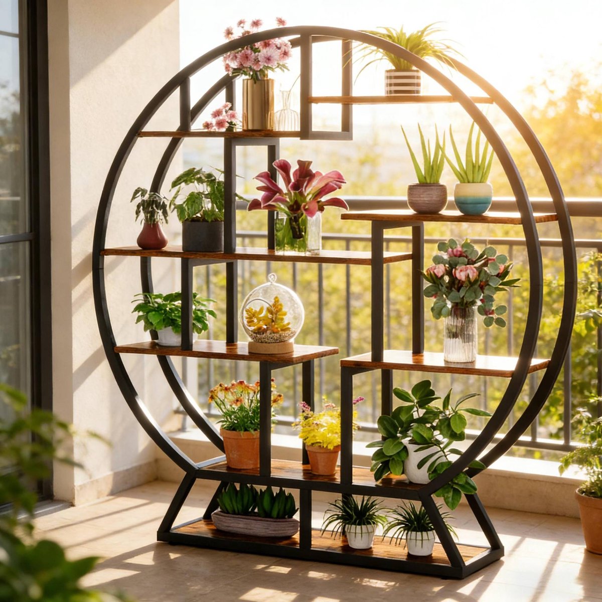 MIVRAY Plantenrek Ronde Vorm Met 8 Planken 150 X 30 X 158 Cm Metaal En Spaanplaat Zwart En Rustiek Bruin Voor Woonkamer En Slaapkamer