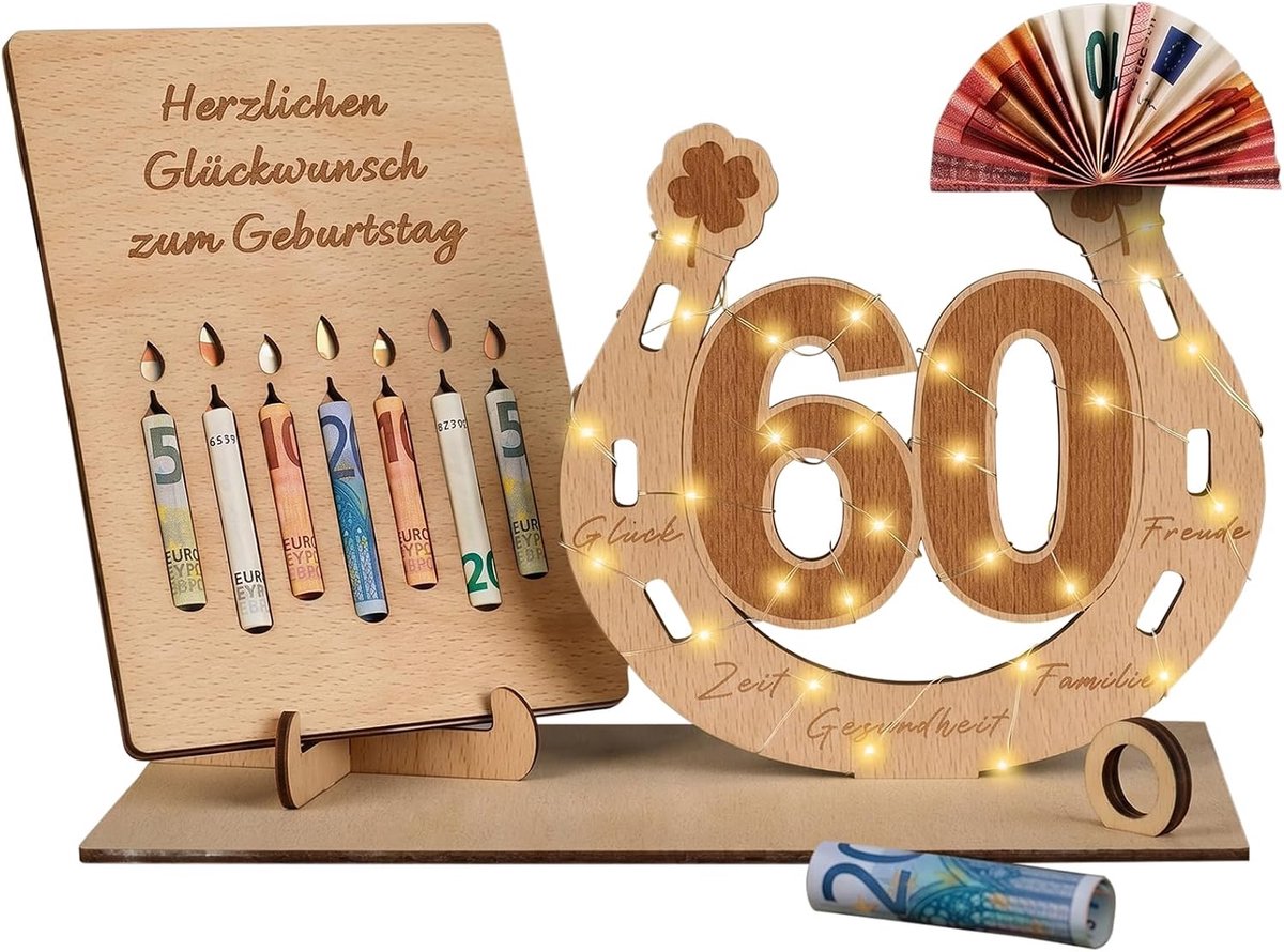 Houten gastenboekset voor 60e verjaardag - Met envelop - Uniek cadeau voor vrouwen en mannen - ShopVlot
