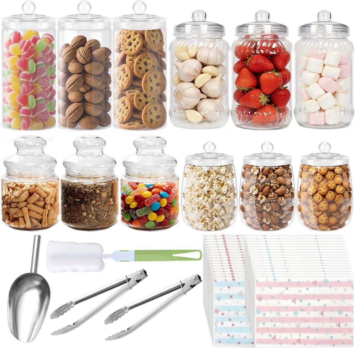 12 stuks Candy bonbonpotten, snoeppot met deksel, herbruikbare zoetwaren Desire snoeppotten van kunststof voor feest, snoepbuffet, 80 zakjes, 2 tangjes, 1 schep, 1 borstel