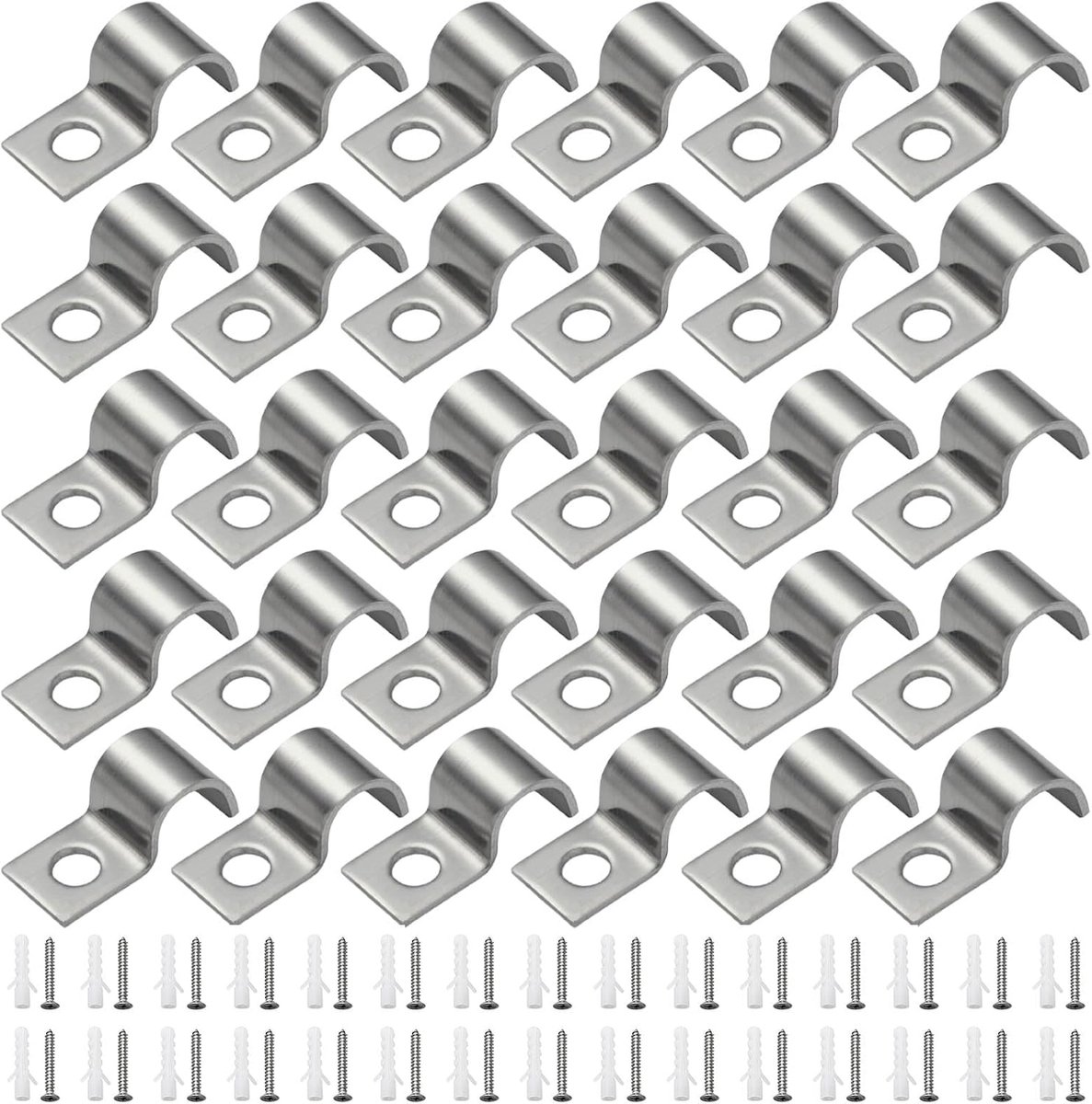 Set van 30 roestvrijstalen buisklemmen, 1 gat kabelklemmen met schroeven en pluggen, roestvrij en stabiel, buishouder voor kabels, slangen, buizen, perfect voor thuis, garage, werkplaats