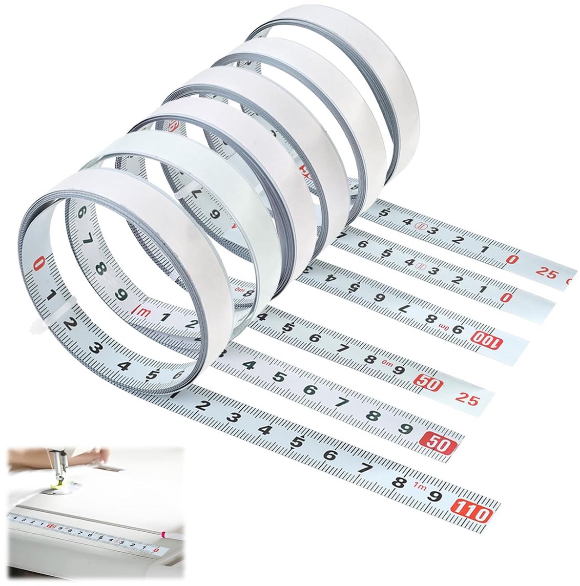 6 stuks zelfklevende tape, 2 m + 1 m, met drie specificaties, links naar rechts, rechts naar links, van midden naar links en rechts, meetlint, afneembaar en veelzijdig