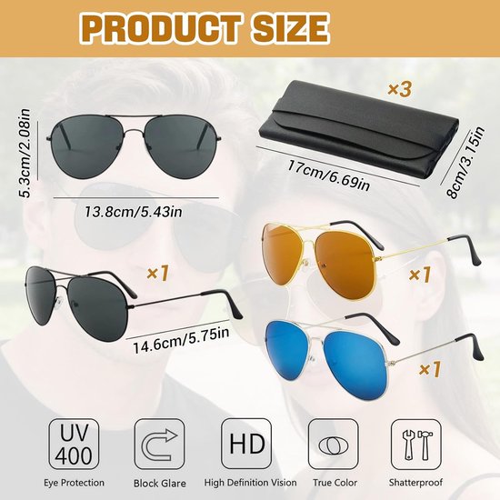 Zonnebril Pilotenstijl Set - 3 Stuks Gepolariseerde Aviator Zonnebrillen met Hoes - UV Bescherming, Lichtgewicht Metaalframe voor Dames en Heren — afbeelding 2