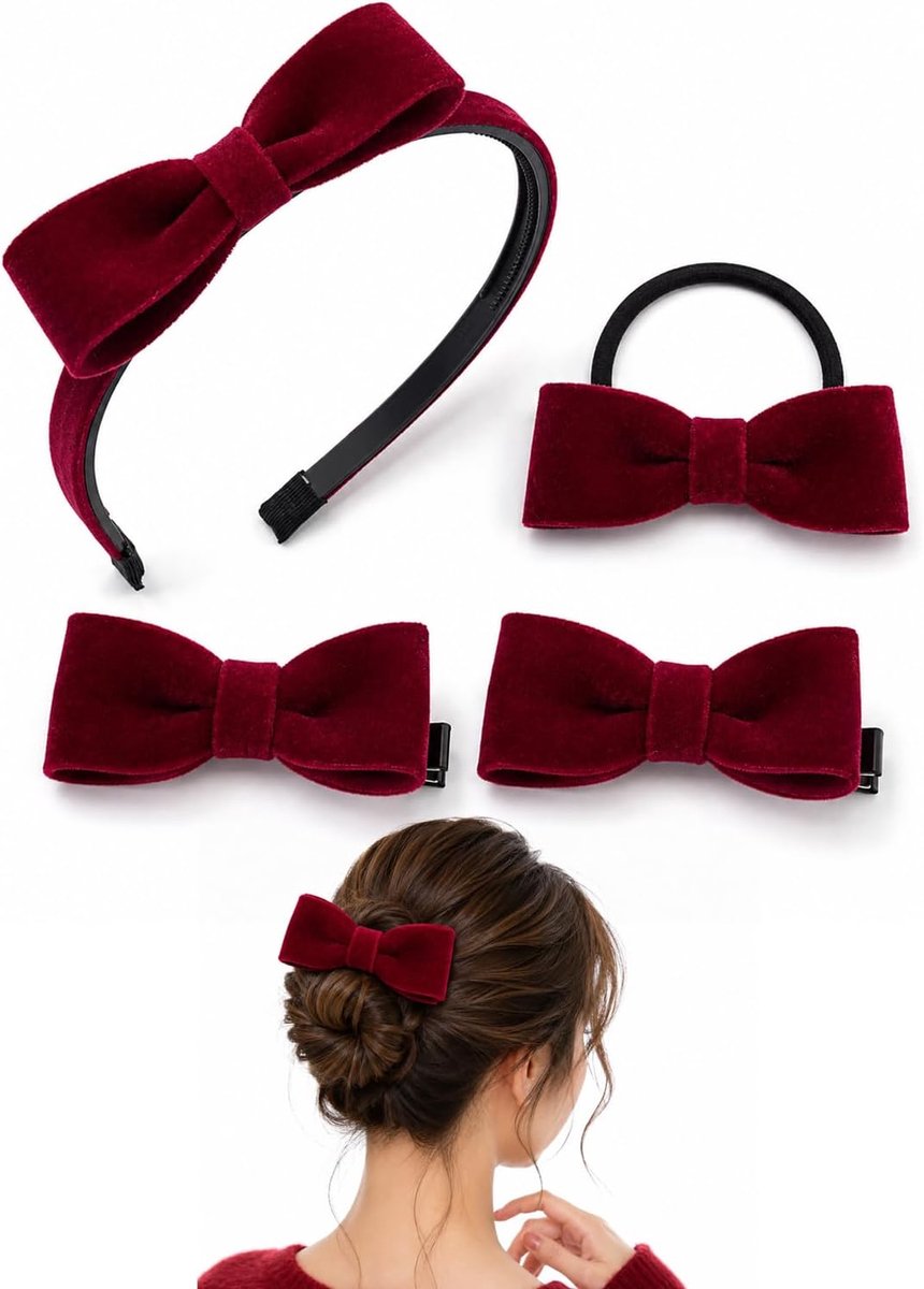 Fluwelen haarband set, 4-delig: 1 haarband + 1 haarelastiek + 2 haarspelden, elegante strik met alligatorclips, antislip grip & hoofdvriendelijk voor langdurig draagcomfort